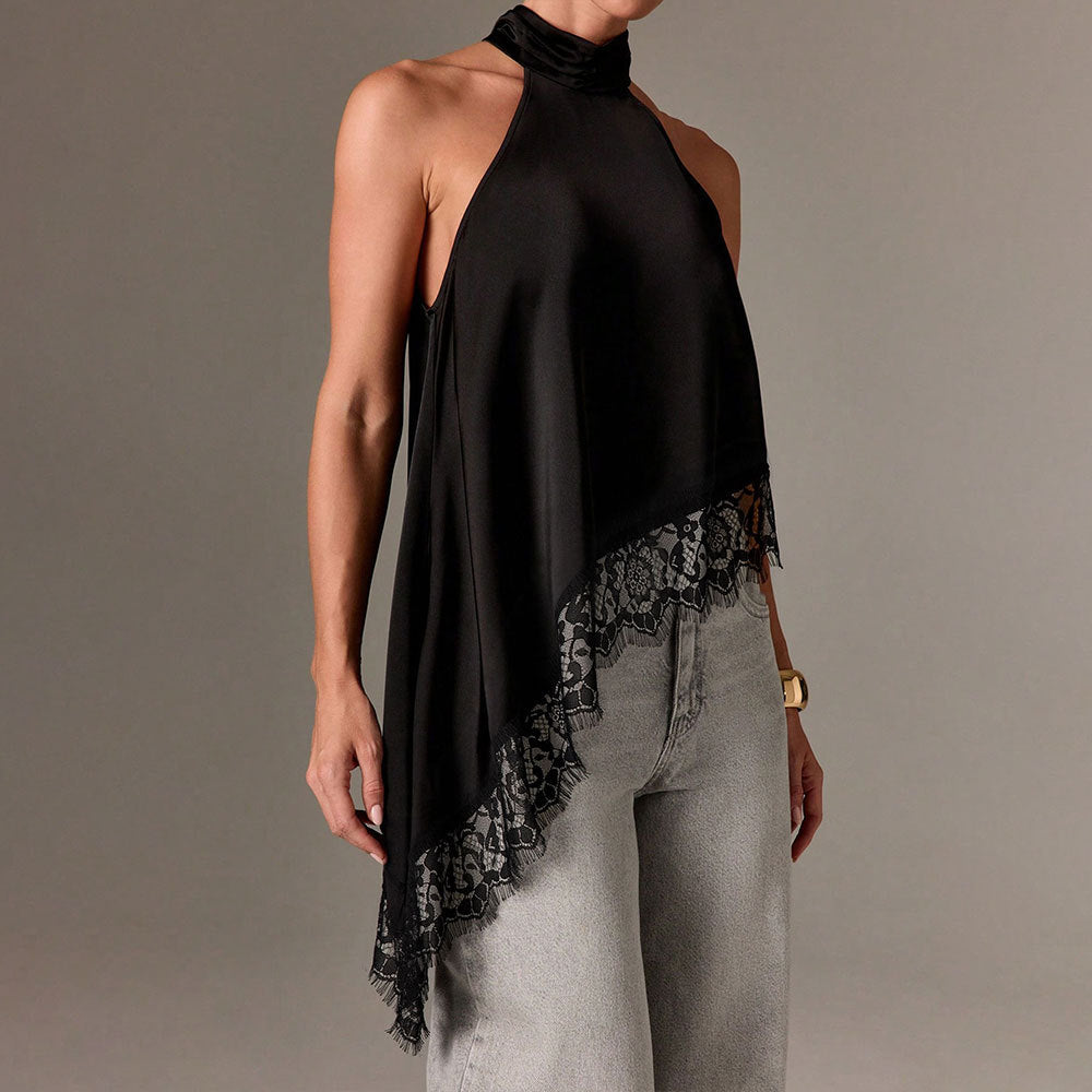 Women's Satin Stitching Lace Vest Halter Sleeveless Small Stand Collar off Shoulder Irregular Asymmetric Top