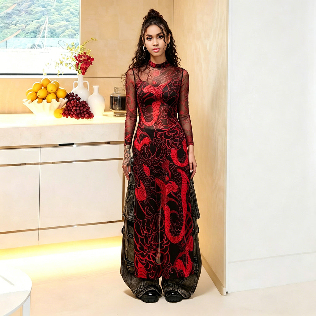 Women's Spring Women Clothing Personality Mesh Printed Long Sleeve Half Turtleneck High Slit Long Shirt