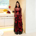 Women's Spring Women Clothing Personality Mesh Printed Long Sleeve Half Turtleneck High Slit Long Shirt