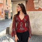Bohemian Vacation Mesh V neck Flared Sleeves Top Ethnic