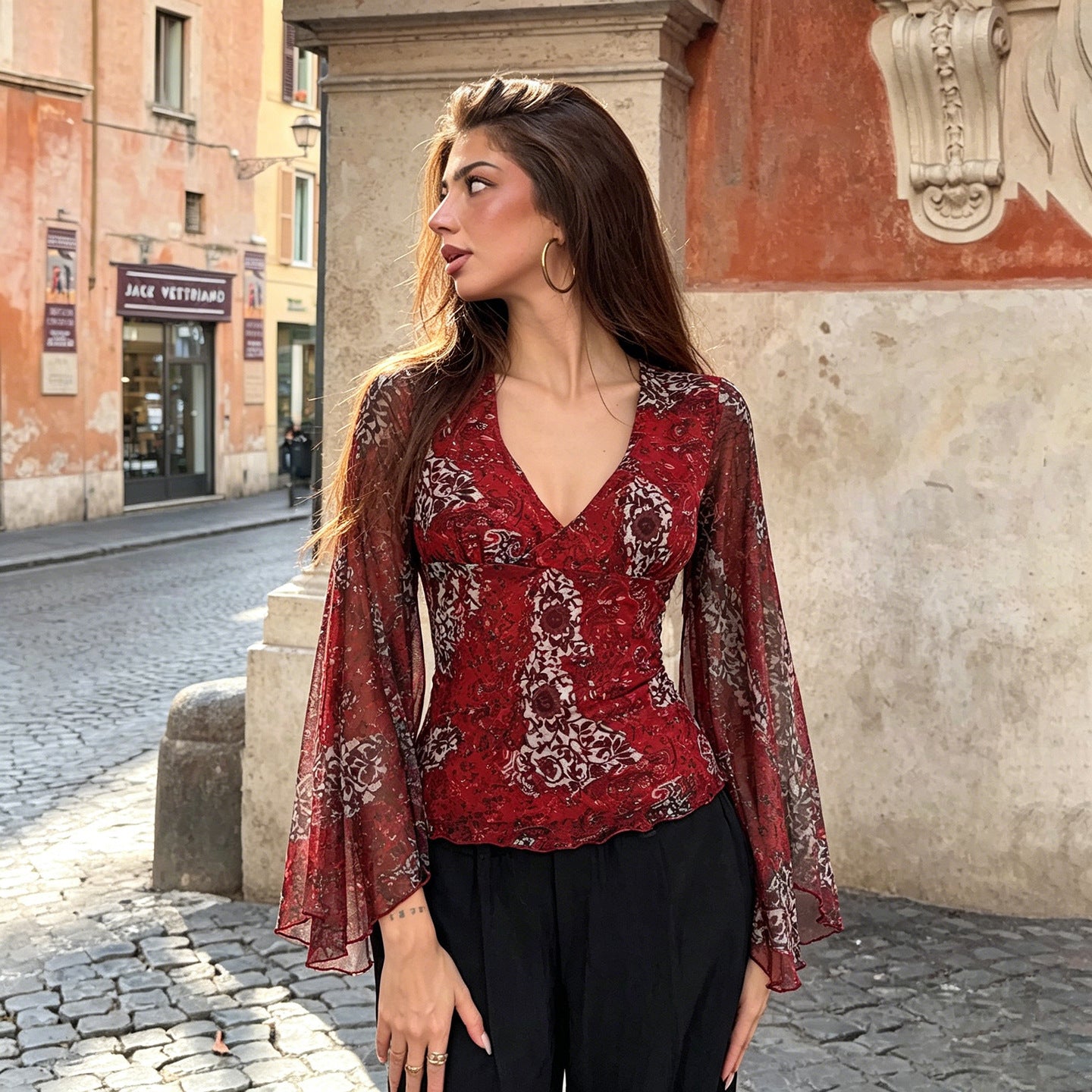Bohemian Vacation Mesh V neck Flared Sleeves Top Ethnic