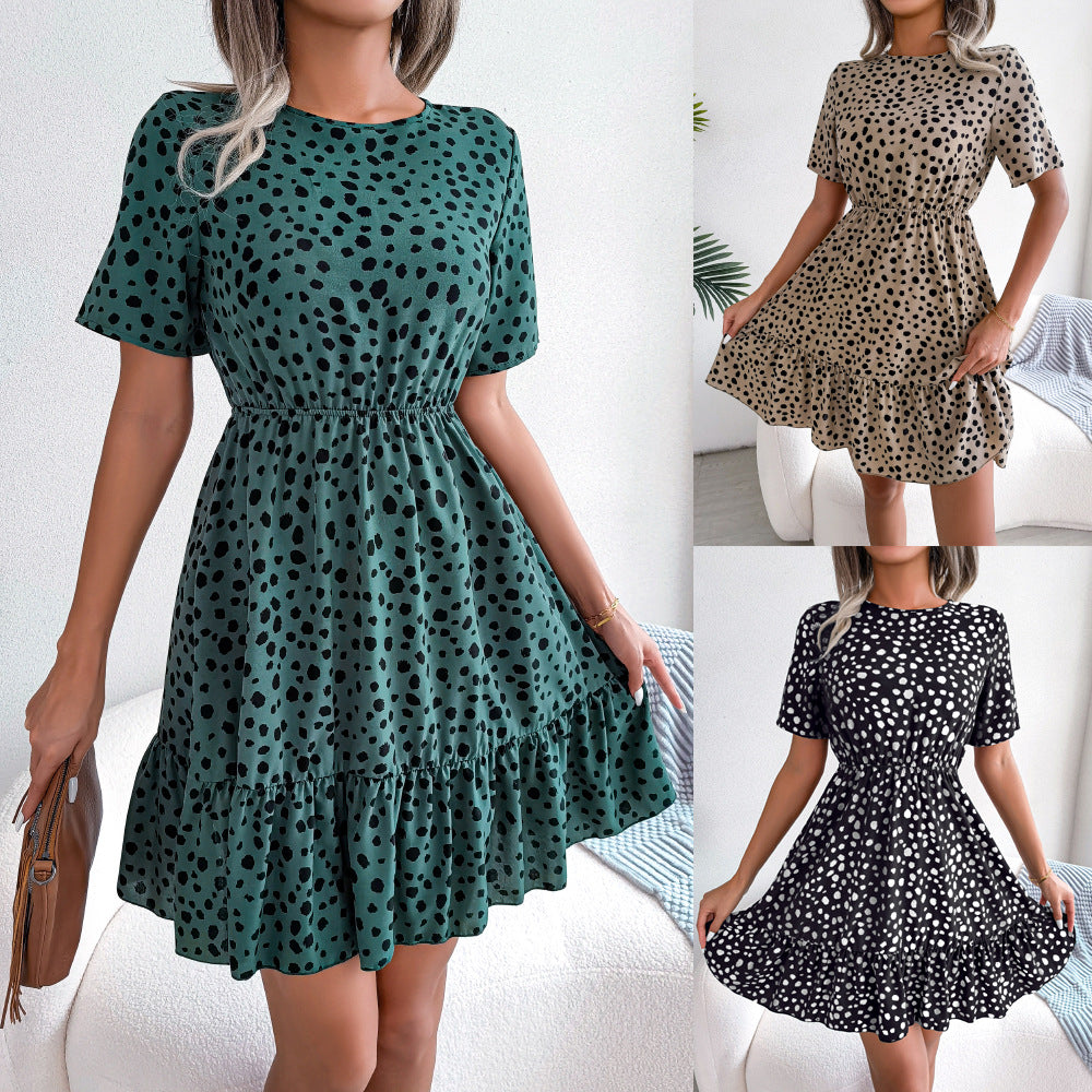 Spring Summer New Casual Polka-Dot Cinched Ruffled Large Swing Dress Tiered