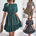 Spring Summer New Casual Polka-Dot Cinched Ruffled Large Swing Dress Tiered