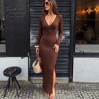 Women's Deep V-Neck Knit Split Maxi Dress