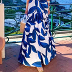Women's Summer Women Printed V Neck Sexy Waist Lace Up Pleated Dress