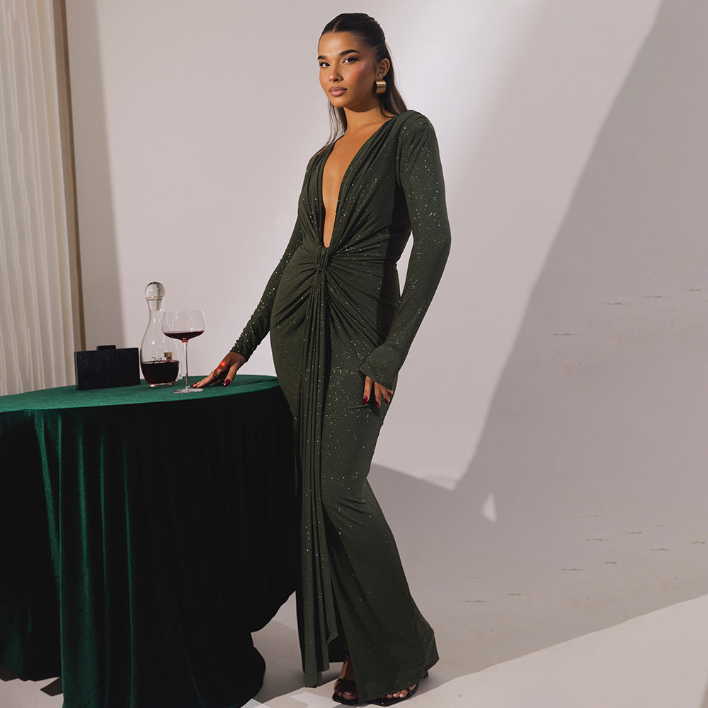 Slim Fit Deep V Plunge neck Dress Pleated Lace-Up Long Sleeve Sheath