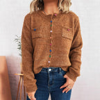 Women's Autumn Winter Simple Office Color Button Chest Pocket Cardigan
