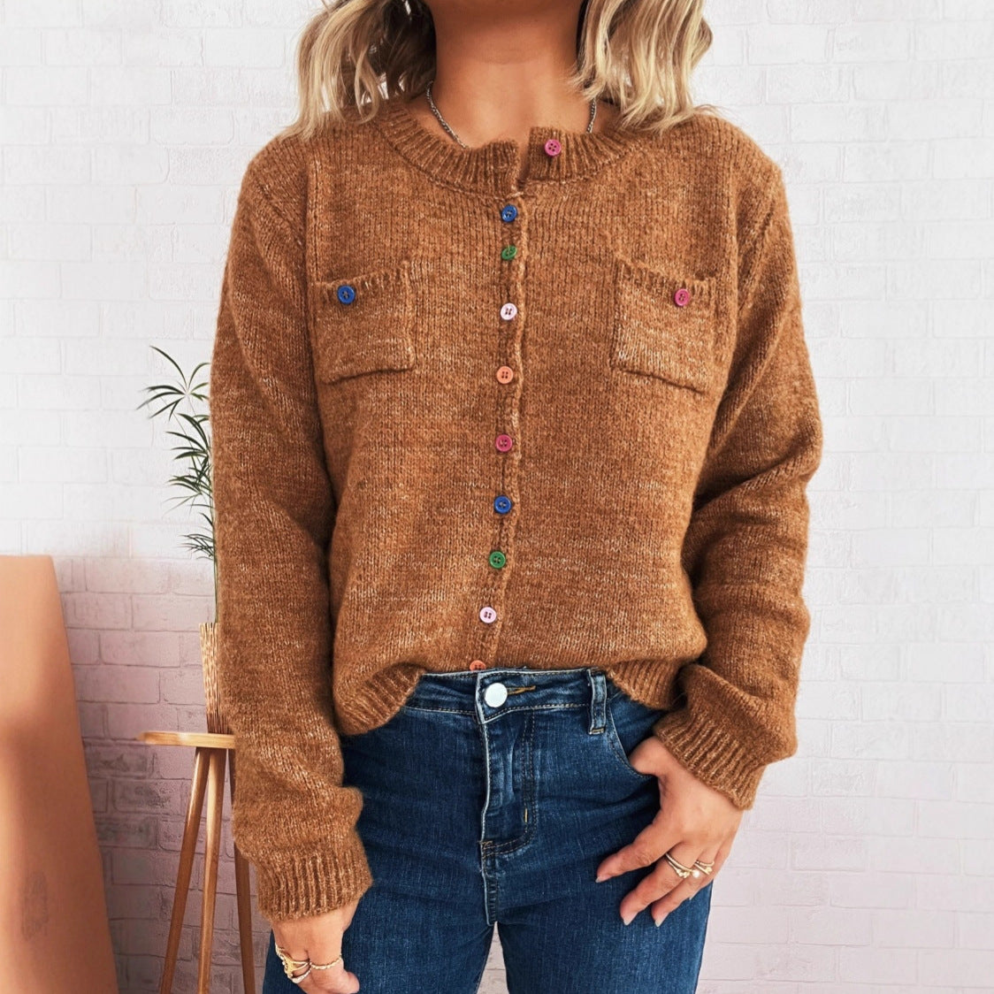 Women's Autumn Winter Simple Office Color Button Chest Pocket Cardigan