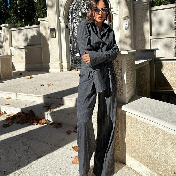 Striped Collared Long Sleeve Top Shirt High Waist Trousers Two Piece Set Autumn Office Set for Women