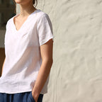 Women's Pure Linen V Neck Short Sleeve T Shirt Top Spring Summer French Casual Cotton Linen Basic All Matching Slimming T Shirt For Women