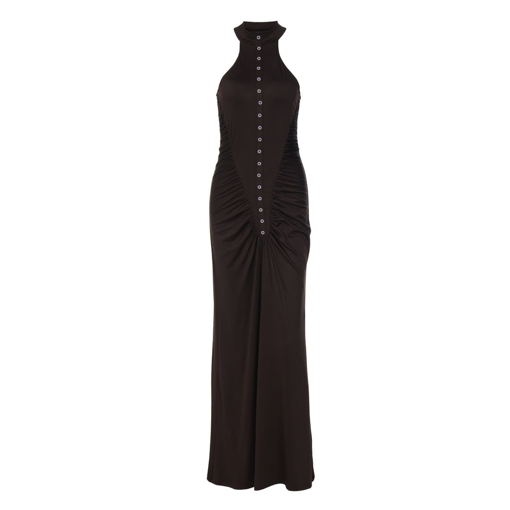 Women's 's Halter Button Ruched Maxi Party Dress