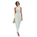 Light white sleeveless halter dress with fringe-like hem and ruched drape