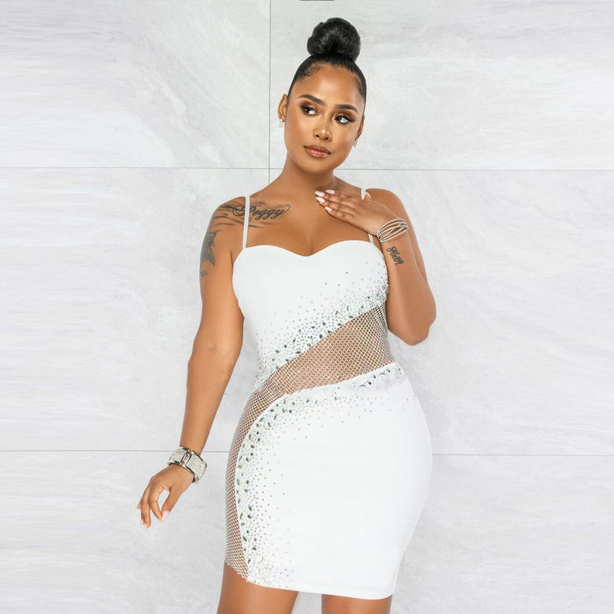 Women's Mesh Rhinestone Cami Bodycon Dress