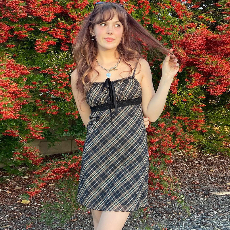 Plaid Lace-Trim A-Line Dress