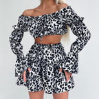Leopard Print Printed off Neck Bell Sleeve