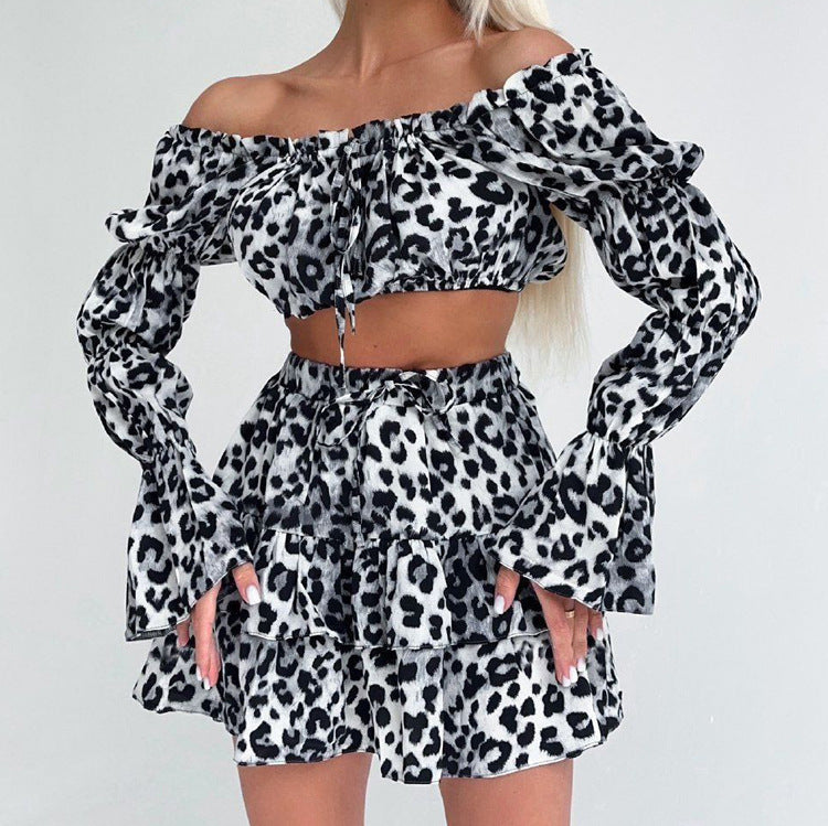 Leopard Print Printed off Neck Bell Sleeve