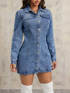 Blue denim shirt-style dress with chest pockets and button-front