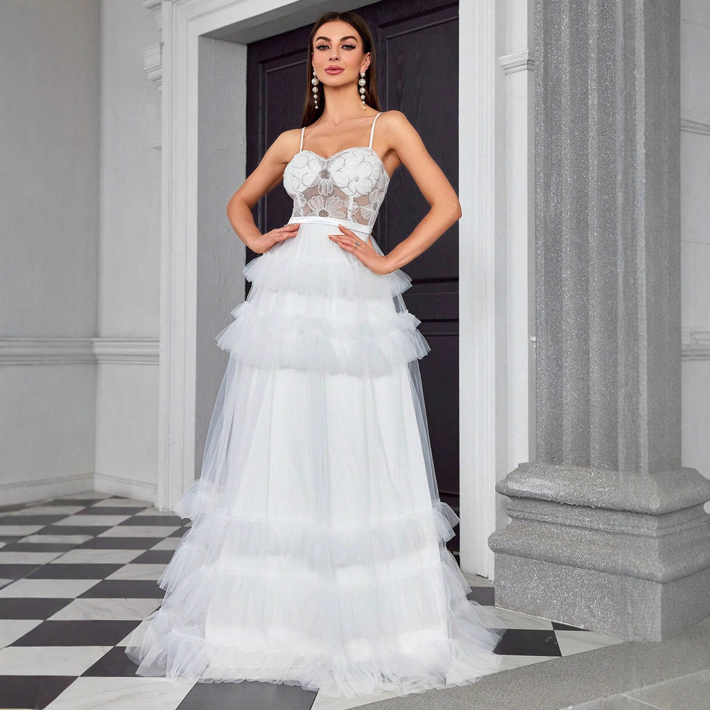 Women's White Mesh Boned Ruffle Evening Maxi Dress
