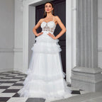 Women's White Mesh Boned Ruffle Evening Maxi Dress