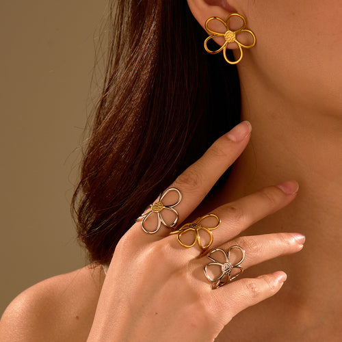 Gold Silver Color Matching Hollow Out Cutout out Floral Titanium Steel Ring Stainless Steel Earrings Mild Luxury Retro Earrings Hand Jewelry