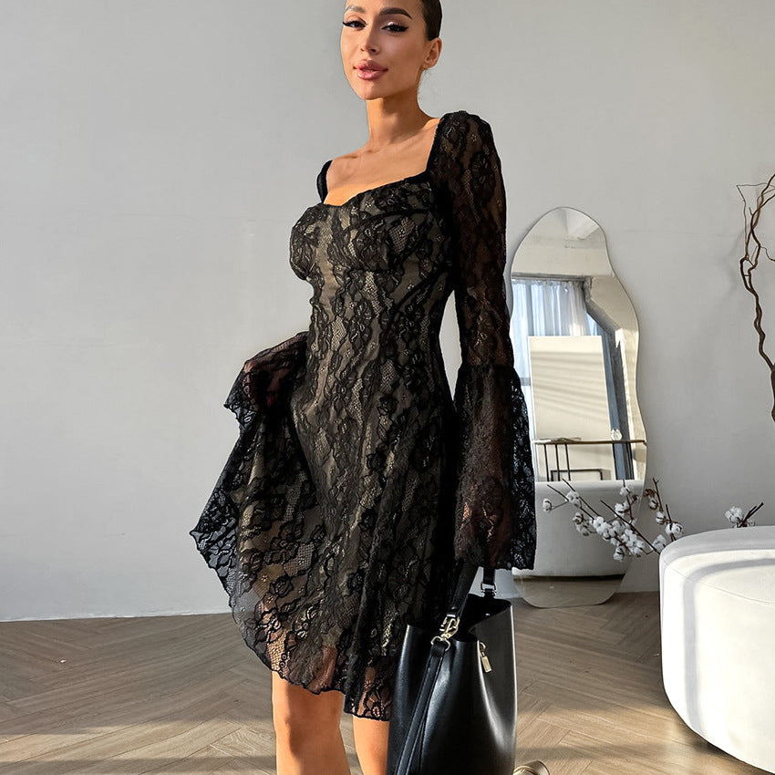 Black Lace Square-Neck Puff-Sleeve Dress