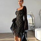 Black Lace Square-Neck Puff-Sleeve Dress