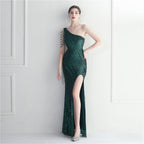 Women's Floral Oblique Shoulder Collar Split Dinner Celebration Sequin Dress
