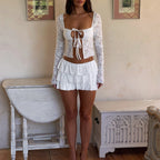 Women's Lace Cutout Long-Sleeve Top And Skirt Two-Piece Set