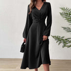 Women's French V Neck Dress Elegant A Line High Waist Midi Dress