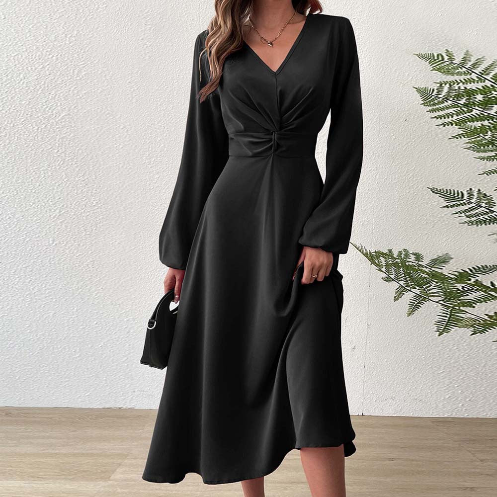 Women's French V Neck Dress Elegant A Line High Waist Midi Dress