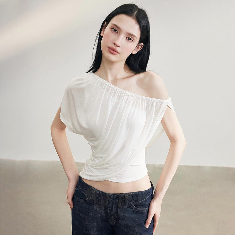 Sexy Casual Solid Color Sexy Slim Oblique Shoulder Tops