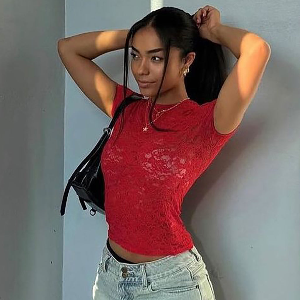 Women's Sheer Lace Crew Neck Short Sleeve Top