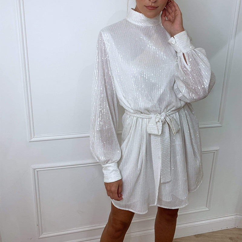Autumn Solid Color Evening Dress Fashionable Sequin High-Waist High Class