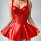 Sexy Wooden Ear Patent Leather Strap Suspender Sexy Lingerie Set