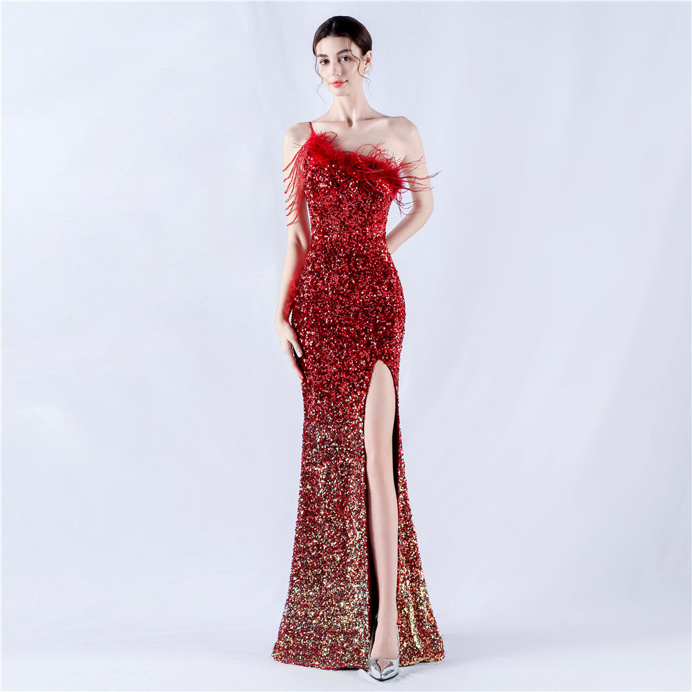 Women's Lengthened Ostrich Feather Beaded Sequ One Shoulder Diagonal Collar High Fork Evening Dress