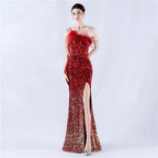 Women's Lengthened Ostrich Feather Beaded Sequ One Shoulder Diagonal Collar High Fork Evening Dress