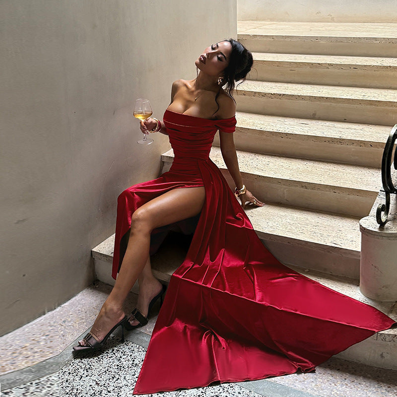 Women's Off Shoulder Satin Dress For Women Autumn Sexy Split Dress