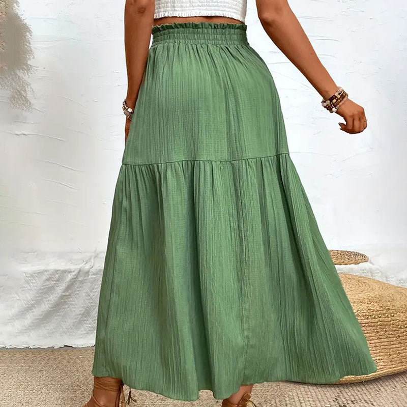 High Slit Ruffled Smocking Waistline Spring Summer Skirt