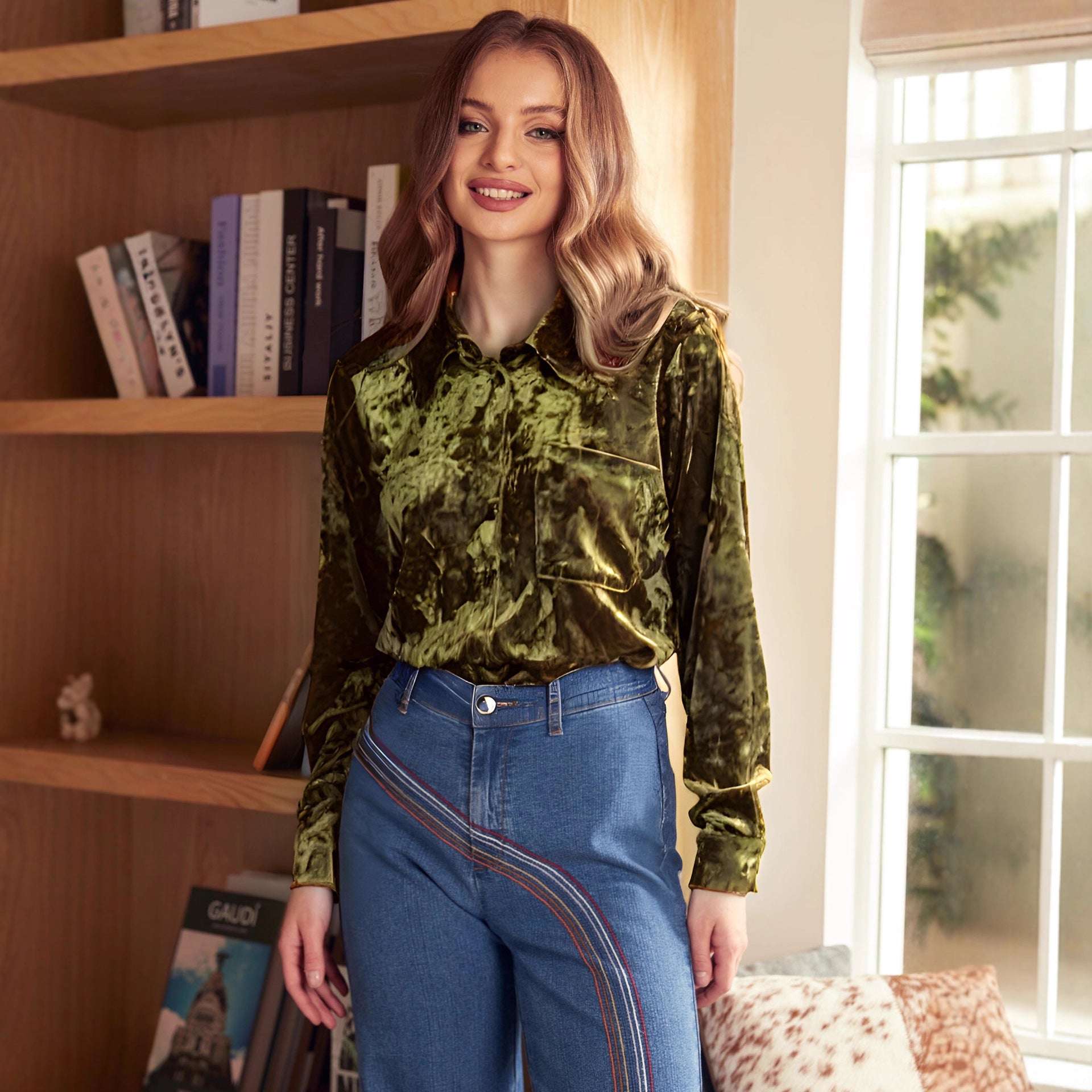 Retro Velvet Polo Collar Long Sleeve Shirt