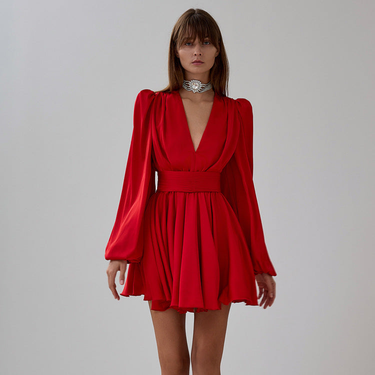 Pleated V-Neck Satin A-Line Dress