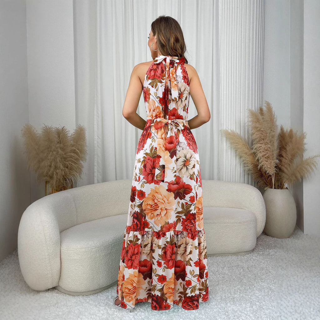 Floral Halter Belted A-Line Maxi Dress