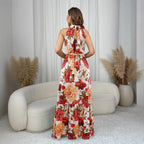 Floral Halter Belted A-Line Maxi Dress