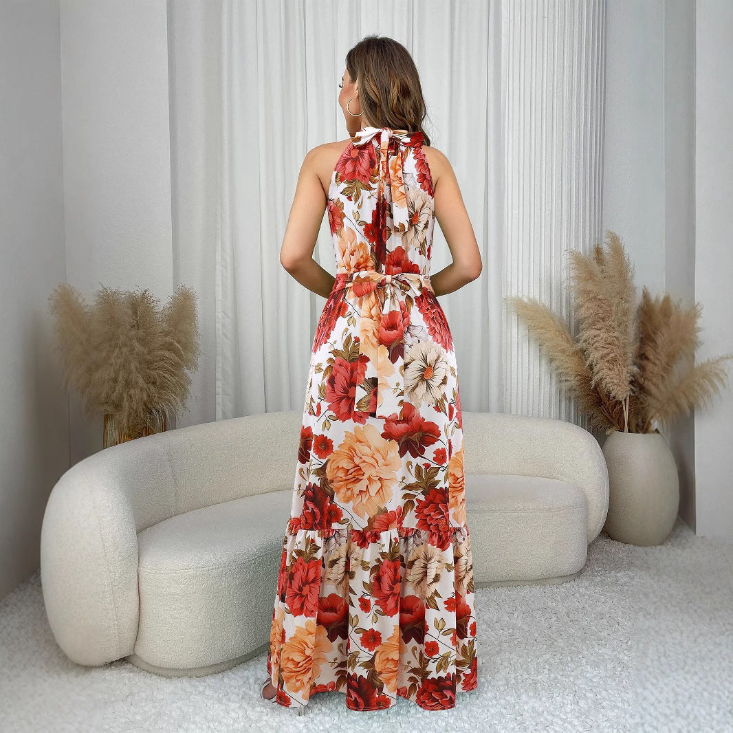 Floral Halter Belted A-Line Maxi Dress