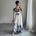 Floral Square-Neck Puff-Sleeve A-Line Maxi Dress