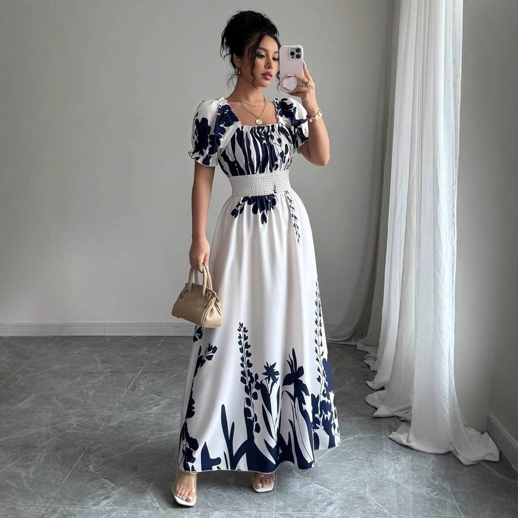 Floral Square-Neck Puff-Sleeve A-Line Maxi Dress
