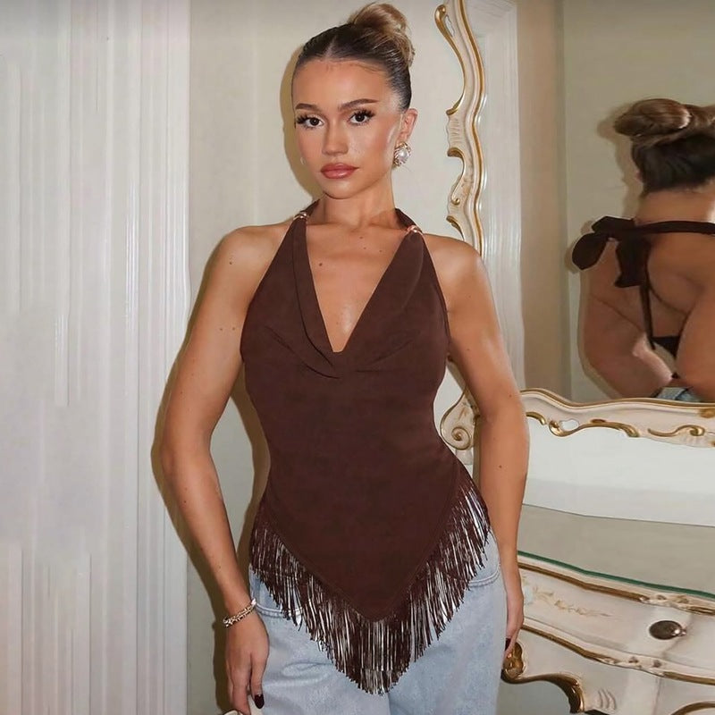French Sexy Swing Collar Halter Top Summer Lace up Slim Fit