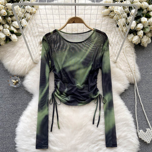 Women's French Retro Minority Design Tie Dyed Drawstring Crew Neck T Shirt Top Fall Women Clothing Long Sleeve Slim Bottoming Shirt