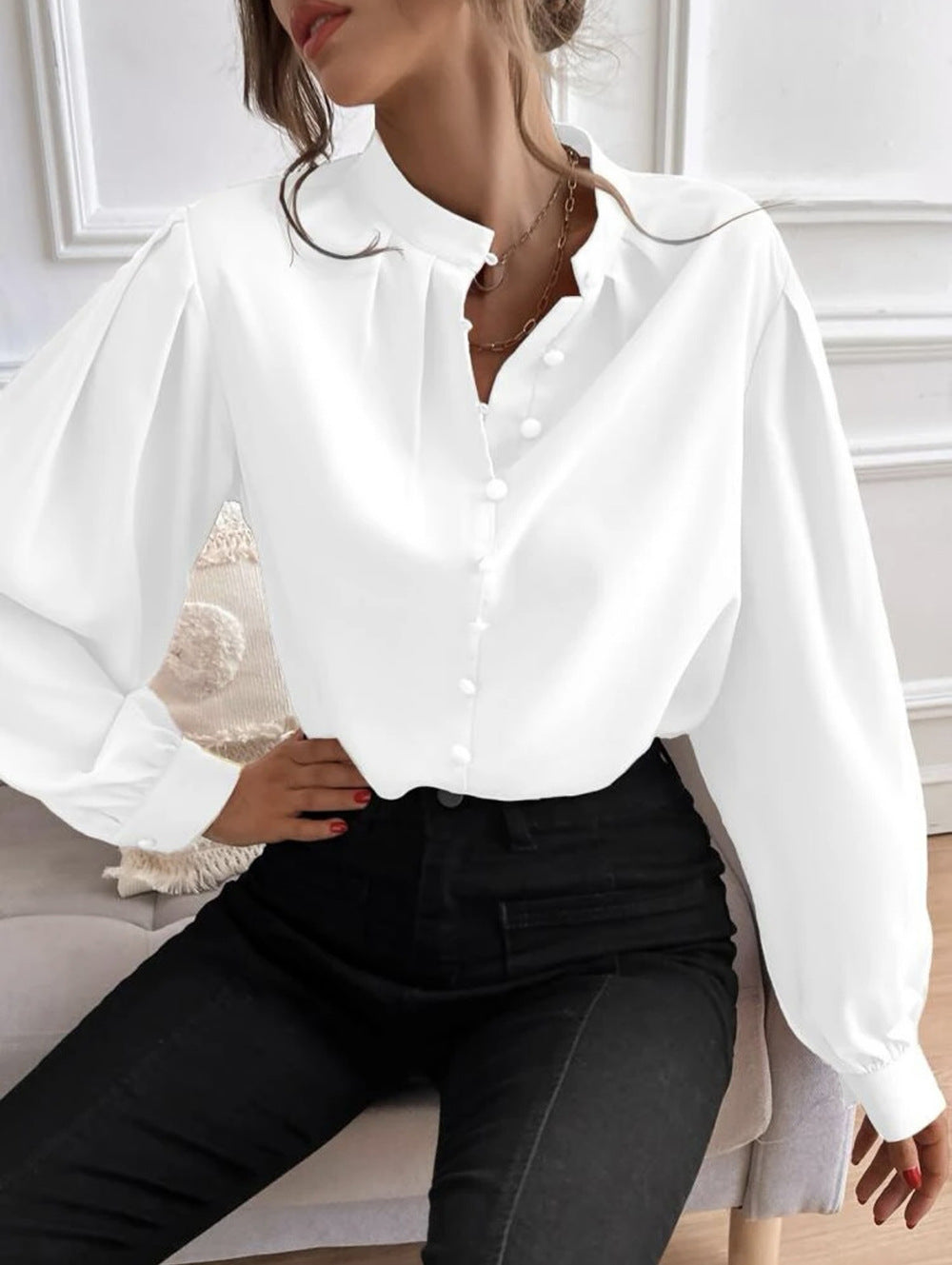 Women's Shirt Women Clothes Half Open Collar Solid Color Loose Long Sleeves Elegant