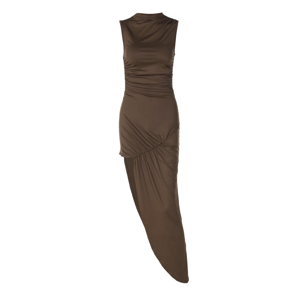 Women's Mock-Neck Ruched Asymmetric Sleeveless Dress