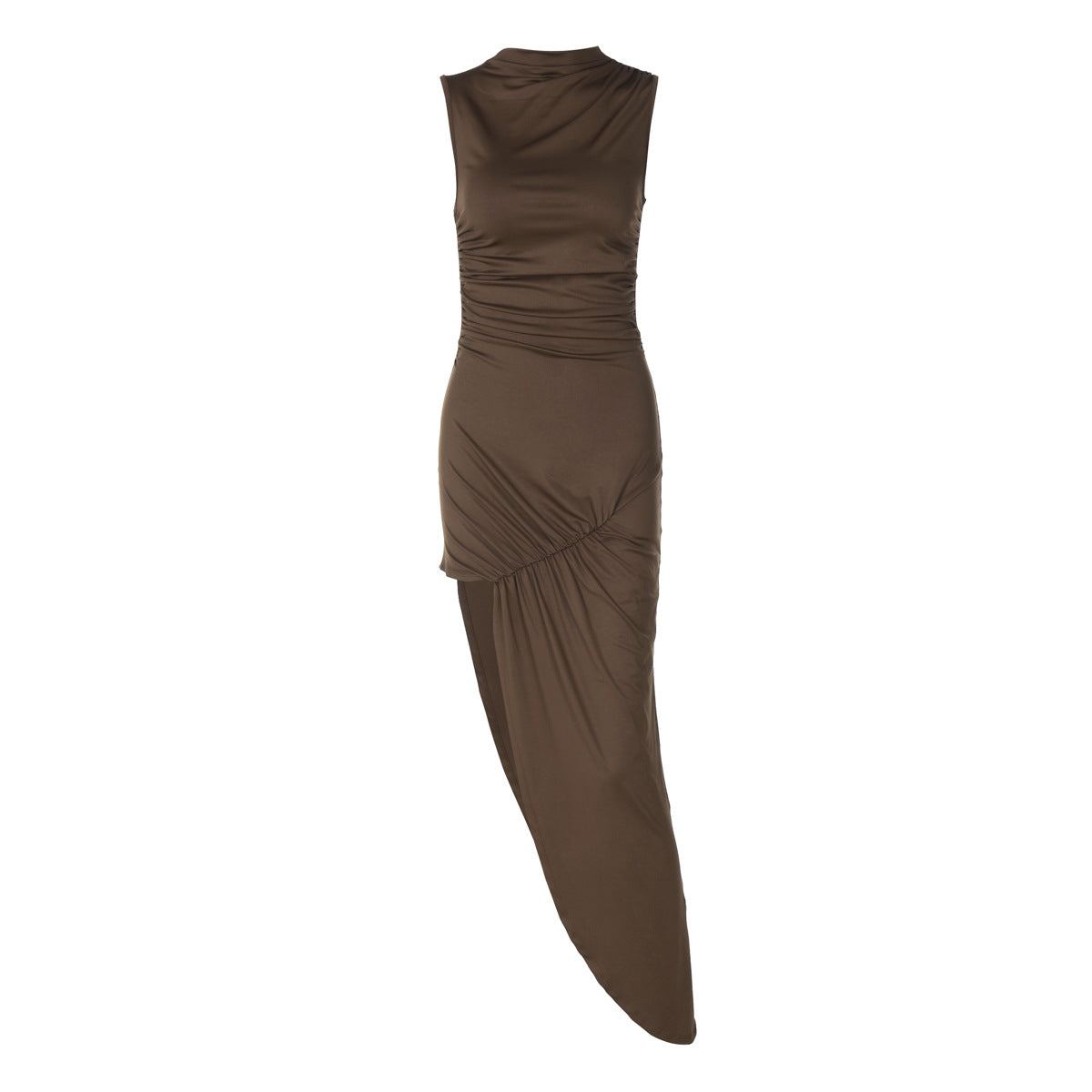 Women's Mock-Neck Ruched Asymmetric Sleeveless Dress